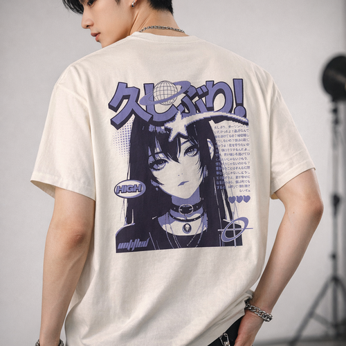 Anime Girl Graphic T-Shirt — Japanese "久しぶり!" Retro Violet Back Print